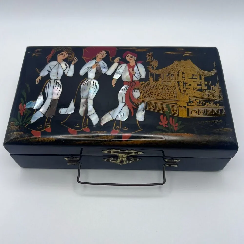 Vintage Asian Black Lacquer Jewelry Box, Inlaid Mother of Pearl Geisha Girls Box
